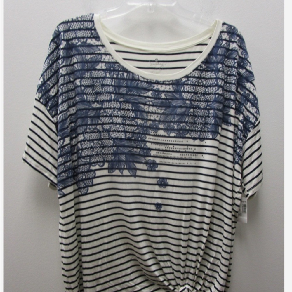 Dressbarn Navy/White/Blue Stripe/Floral Bead Detail Top Women 2X